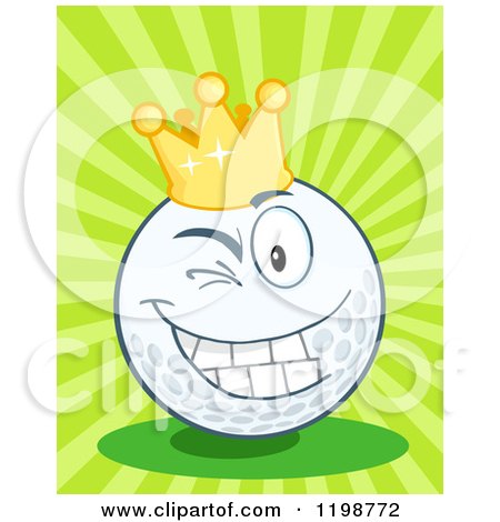 Cartoon of a Winking Crowned Golf Ball Character over Green Rays - Royalty Free Vector Clipart by Hit Toon