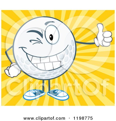 Cartoon of a Winking Golf Ball Character Holding a Thumb up over Rays - Royalty Free Vector Clipart by Hit Toon