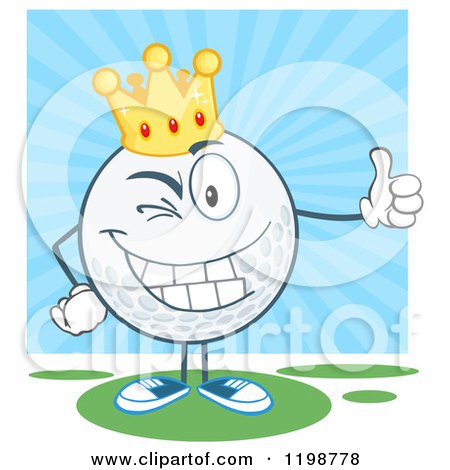 Cartoon of a Winking Crowned Golf Ball Character Holding a Thumb up over Blue and Green - Royalty Free Vector Clipart by Hit Toon
