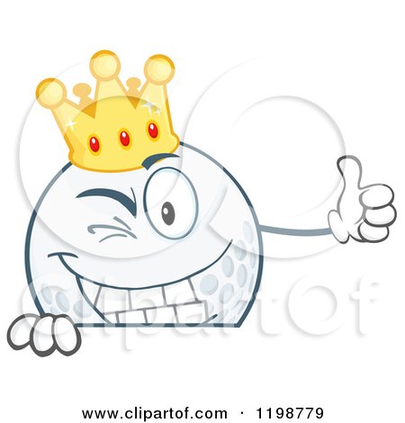 Cartoon of a Winking Crowned Golf Ball Character over a Sign 2 - Royalty Free Vector Clipart by Hit Toon