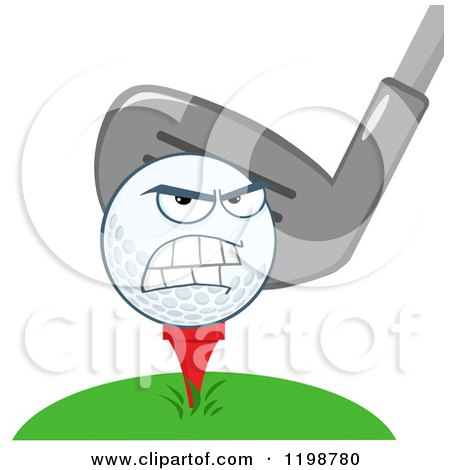 Cartoon of a Club Behind an Angry Golf Ball Character on a Tee - Royalty Free Vector Clipart by Hit Toon