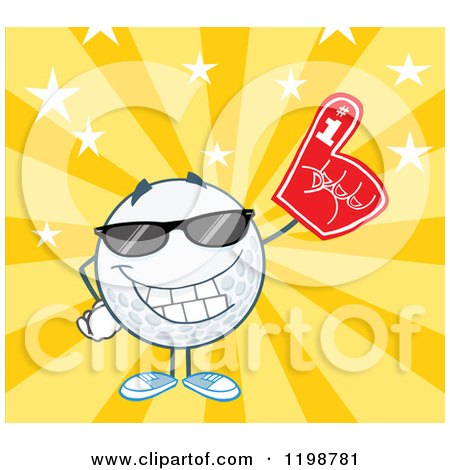 Cartoon of a Golf Ball Character Wearing Sunglasses and a Number 1 Foam Finger over Stars and Rays - Royalty Free Vector Clipart by Hit Toon