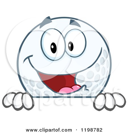 Cartoon of a Happy Golf Ball Character over a Sign - Royalty Free Vector Clipart by Hit Toon