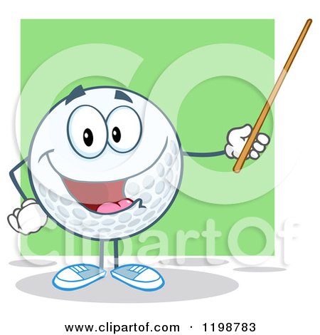 Cartoon of a Happy Golf Ball Character Holding a Pointer Stick over Green - Royalty Free Vector Clipart by Hit Toon