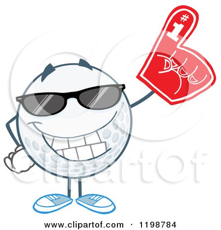 Cartoon of a Golf Ball Character Wearing Sunglasses and a Number 1 Foam Finger - Royalty Free Vector Clipart by Hit Toon