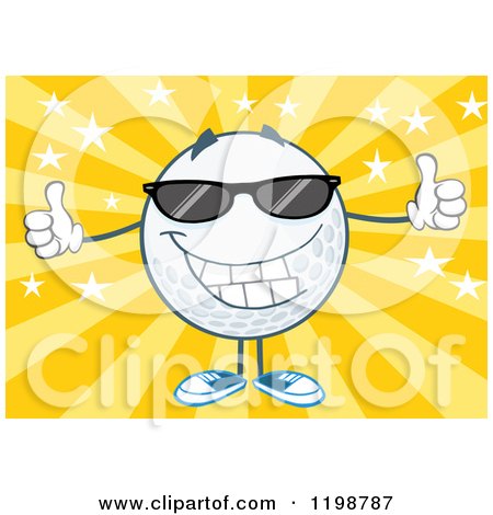 Cartoon of a Happy Golf Ball Character Wearing Sunglasses and Holding Two Thumbs up over Stars and Rays - Royalty Free Vector Clipart by Hit Toon