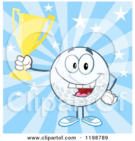 Cartoon of a Victorious Golf Ball Character Holding a Trophy over Blue Rays - Royalty Free Vector Clipart by Hit Toon