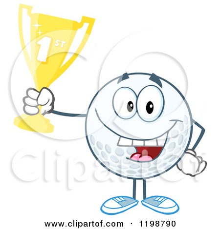 Cartoon of a Victorious Golf Ball Character Holding a First Place Trophy - Royalty Free Vector Clipart by Hit Toon