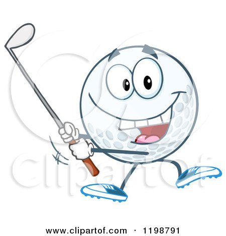Cartoon of a Golf Ball Character Swinging a Club - Royalty Free Vector Clipart by Hit Toon