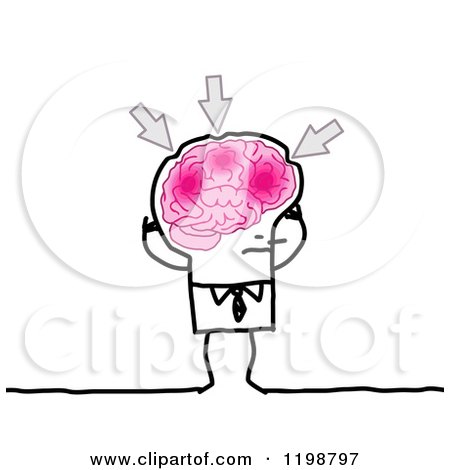 Clipart of a Stick Businessman with Arrows Pointing to Aches in His Brain - Royalty Free Vector Illustration by NL shop