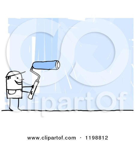 Clipart of a Happy Stick Man Painter Using a Roller Brush to Paint a Wall Blue - Royalty Free Illustration by NL shop