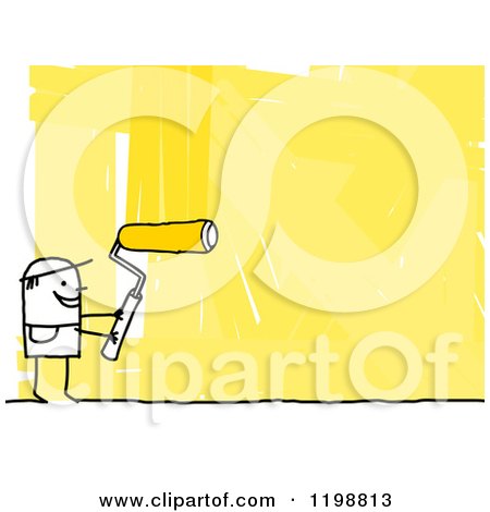 Clipart of a Happy Stick Man Painter Using a Roller Brush to Paint a Wall Yellow - Royalty Free Illustration by NL shop