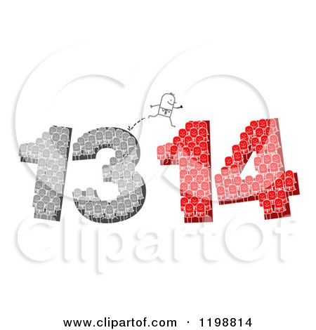 Clipart of a Stick Businessman Jumping over Crowds Forming 13 and 14 - Royalty Free Vector Illustration by NL shop