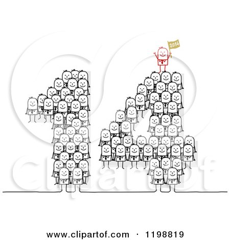 Clipart of a Red Stick Man Boss on Top of Crowds Forming 14 for the New Year - Royalty Free Vector Illustration by NL shop