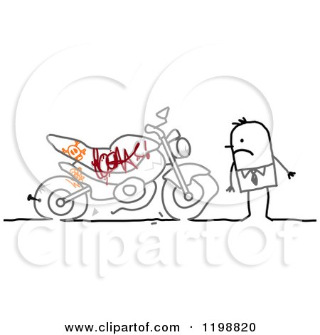 Clipart of a Mad Stick Man Discovering Grafitti on His Motorocyle - Royalty Free Vector Illustration by NL shop