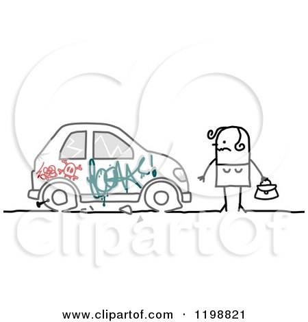 Clipart of a Stick Woman Looking at Her Vandalized Car - Royalty Free Vector Illustration by NL shop