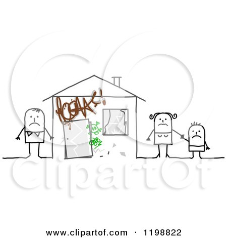 Clipart of a Sad Stick Family at Their Vandalized Home - Royalty Free Vector Illustration by NL shop