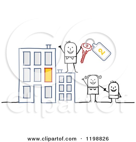 Clipart of a Happy Stick Family with Keys at an Apartment Building - Royalty Free Vector Illustration by NL shop