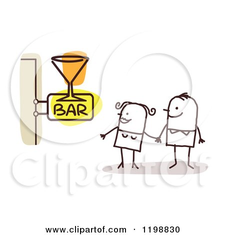 Clipart of a Happy Stick Couple at a Bar with a Cocktail Sign - Royalty Free Vector Illustration by NL shop