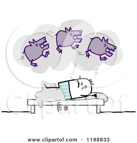 Clipart of a Stick Man Having a Nightmare About Dogs - Royalty Free Vector Illustration by NL shop
