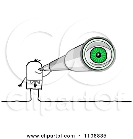 Clipart of a Stick Businessman Using a Telescope, with a Green Eye Visible - Royalty Free Vector Illustration by NL shop