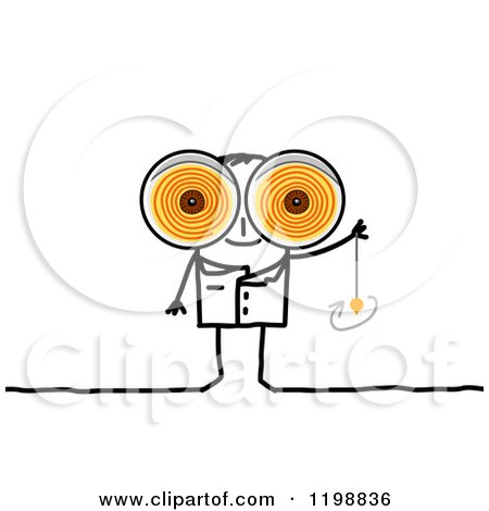 Clipart of a Stick Therapist with Big Swirly Hynotic Eyes and a Swinging Pendulum - Royalty Free Vector Illustration by NL shop