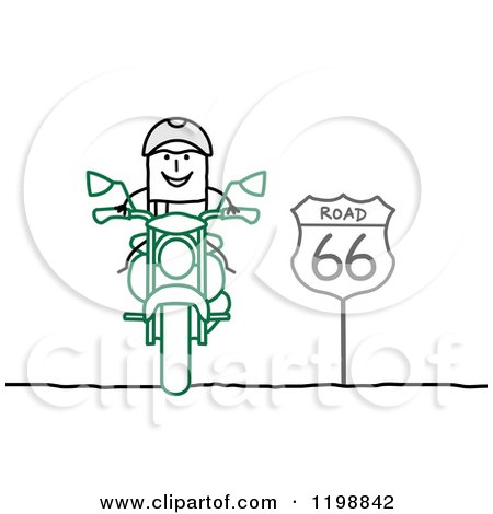 Clipart of a Happy Stick Man Biker on Route 66 - Royalty Free Vector Illustration by NL shop