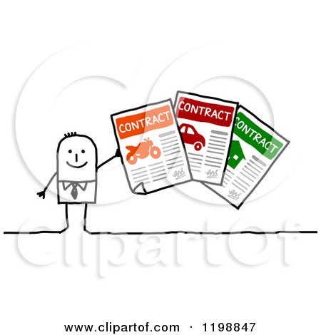 Clipart of a Happy Stick Man Holding Insurance Contracts - Royalty Free Vector Illustration by NL shop