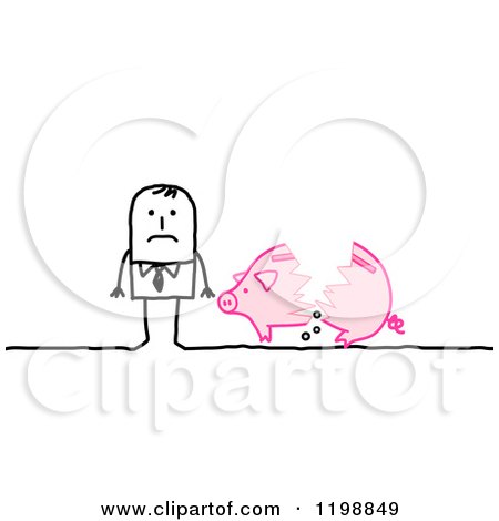 Clipart of a Sad Stick Man with a Broken and Empty Piggy Bank - Royalty Free Vector Illustration by NL shop