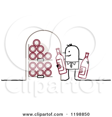 Clipart of a Stick Man Holding Bottles in His Wine Cellar - Royalty Free Vector Illustration by NL shop