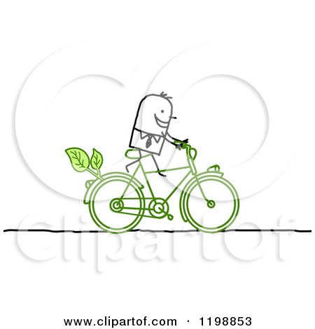 Clipart of a Happy Stick Man Riding a Green Bicycle with Leaves - Royalty Free Vector Illustration by NL shop