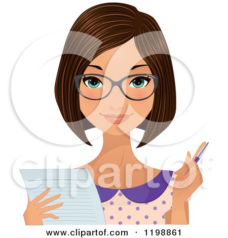 Clipart of a Beautiful Brunette Secretary Woman Wearing Glasses and Taking Notes - Royalty Free Vector Illustration by Melisende Vector