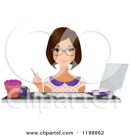 Clipart of a Beautiful Brunette Secretary Woman Wearing Glasses at a Desk - Royalty Free Vector Illustration by Melisende Vector