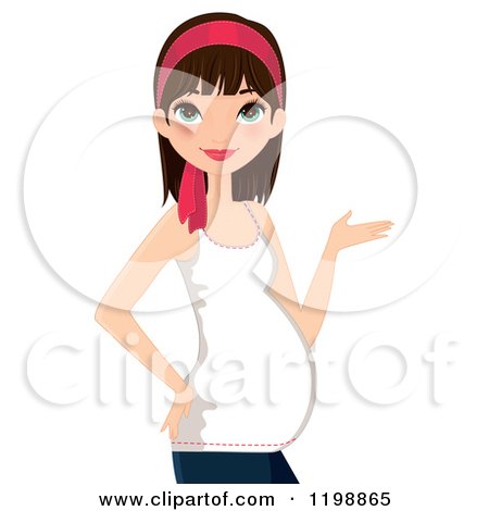 Clipart of a Young Pregnant Brunette Woman Presenting - Royalty Free Vector Illustration by Melisende Vector