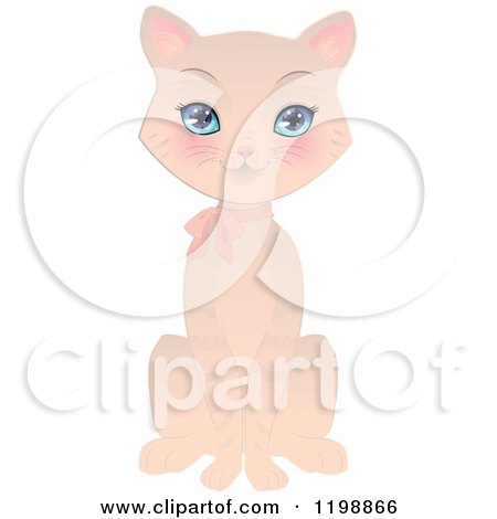 Clipart of a Cute Beige Cat Wearing a Pink Bow - Royalty Free Vector Illustration by Melisende Vector