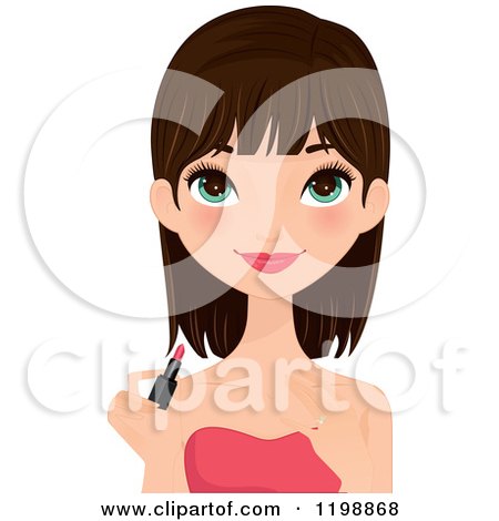 Clipart of a Beautiful Young Brunette Woman Applying Lipstick - Royalty Free Vector Illustration by Melisende Vector