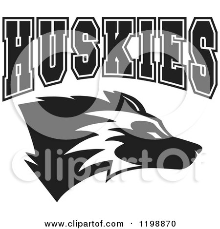 Clipart of Black and White HUSKIES Team Text over a Mascot Dog - Royalty Free Vector Illustration by Johnny Sajem