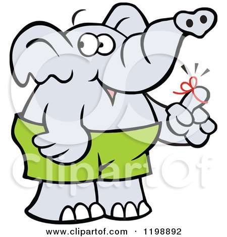 Cartoon of a Forgetful Elephant with a Reminder Ribbon on His Finger - Royalty Free Vector Clipart by Johnny Sajem