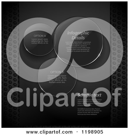 Clipart of Glass Lenses or Infographic Circles with Sample Text on Black with Metal Mesh - Royalty Free Vector Illustration by elaineitalia