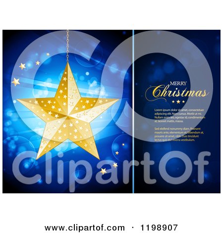 Clipart of a Suspended Golden Christmas Star over Flares and Rays on Blue, with a Panel and Sample Text - Royalty Free Vector Illustration by elaineitalia