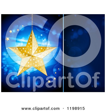 Clipart of a Suspended Golden Christmas Star over Flares and Rays on Blue, with a Text Space Panel - Royalty Free Vector Illustration by elaineitalia