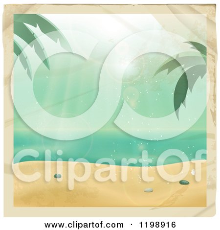 Clipart of a Retro Distressed Photo of a Tropical Beach with Stains - Royalty Free Vector Illustration by elaineitalia