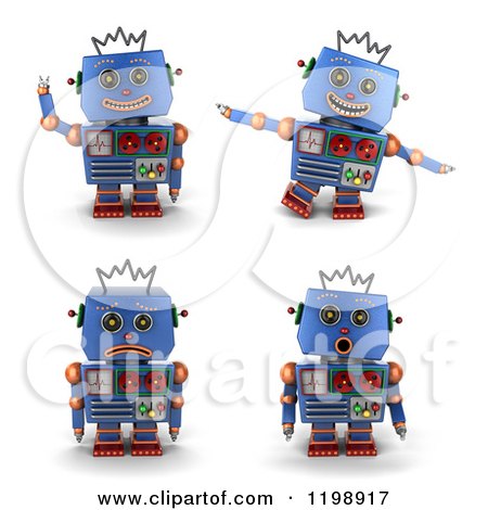 Clipart of a 3d Blue Vintage Robot Toy in Four Poses - Royalty Free CGI Illustration by stockillustrations