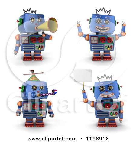Clipart of a 3d Blue Vintage Robot Toy in Four Poses 2 - Royalty Free CGI Illustration by stockillustrations