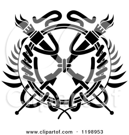 Clipart of a Black and White Heraldic Coat of Arms Wreath with Torches - Royalty Free Vector Illustration by Vector Tradition SM