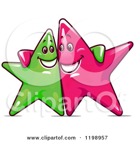 Clipart of Happy Green and Pink Stars with Their Arms Around Each Other - Royalty Free Vector Illustration by Vector Tradition SM