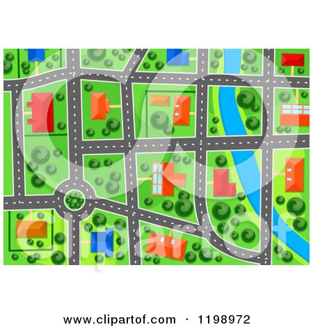 Clipart of a Aerial Map View of Suburban Houses Buildings and Roads by a River - Royalty Free Vector Illustration by Vector Tradition SM