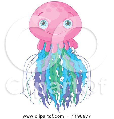 Cartoon of a Cute Pink Jellyfish with Colorful Tentatcles - Royalty Free Vector Clipart by Pushkin