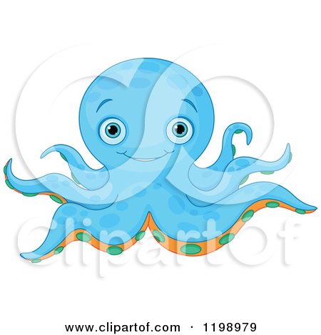 Cartoon of a Cute Blue Octopus with Orange and Green Under Sides - Royalty Free Vector Clipart by Pushkin