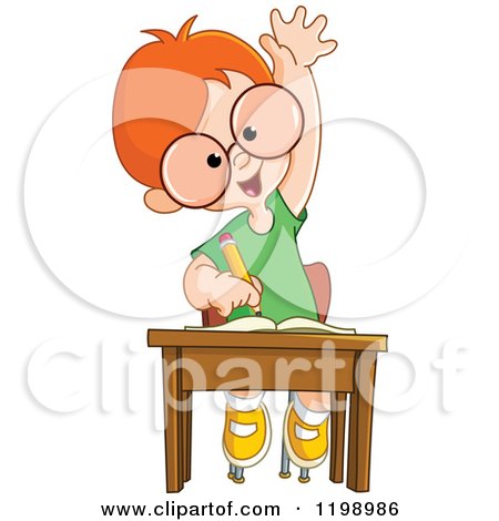 Cartoon of a Smart Red Haired School Boy Raising His Hand at His Desk - Royalty Free Vector Clipart by yayayoyo